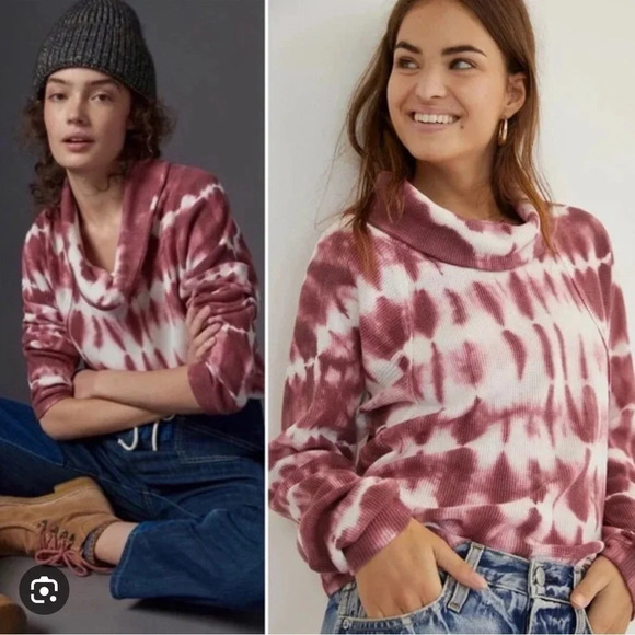 ANTHROPOLOGIE PILCRO L Waffle Weave Dolman Sleeve Raspberry Tie Die Cowl Neck - Picture 1 of 12